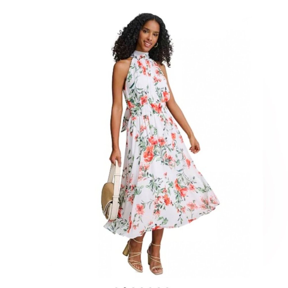 Calvin Klein Women's Midi Delicate Chiffon Fit & Flare Dress Floral Print Multi